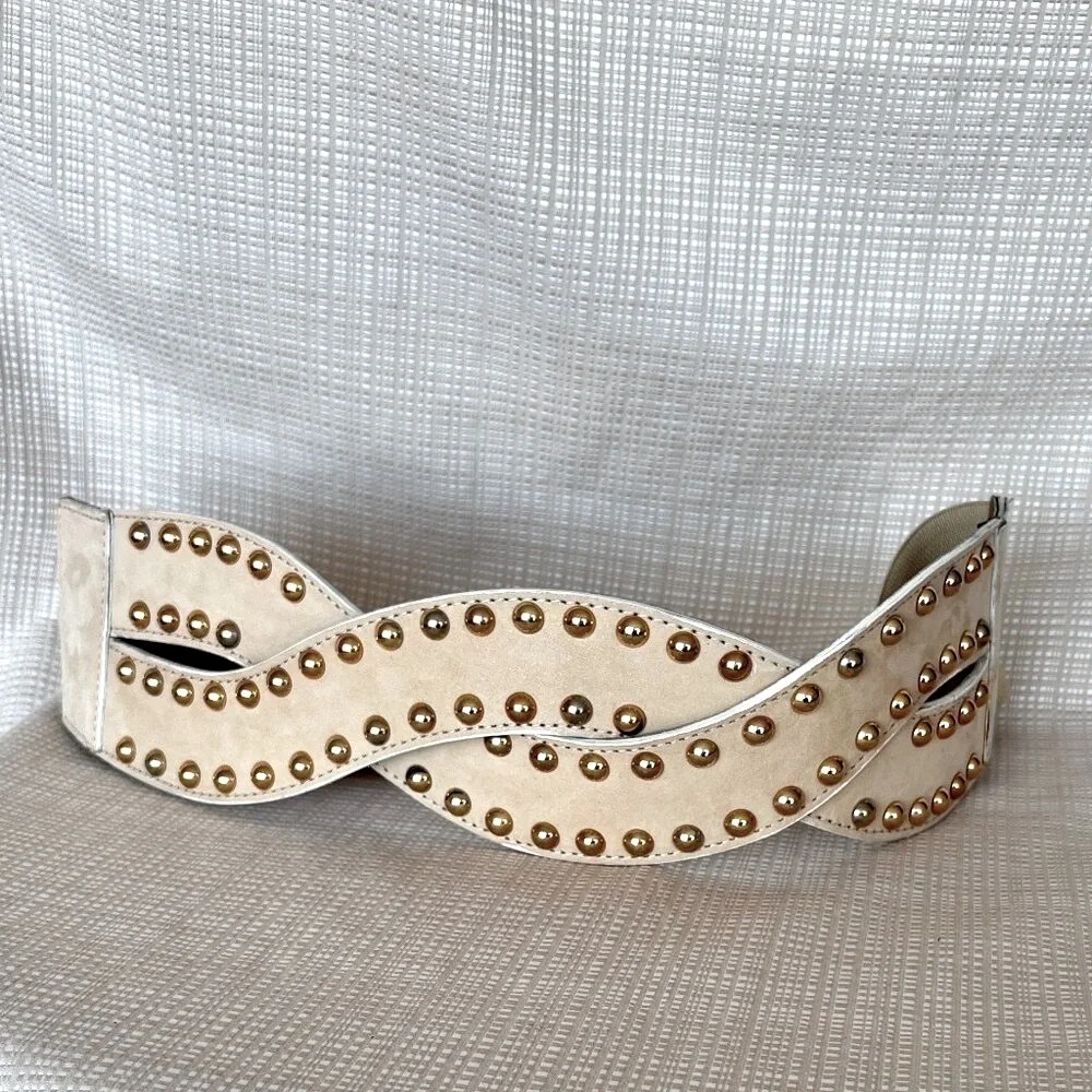 Vintage Wide Statement Suede Leather Corset Belt Gold Studs Boho Maximalist